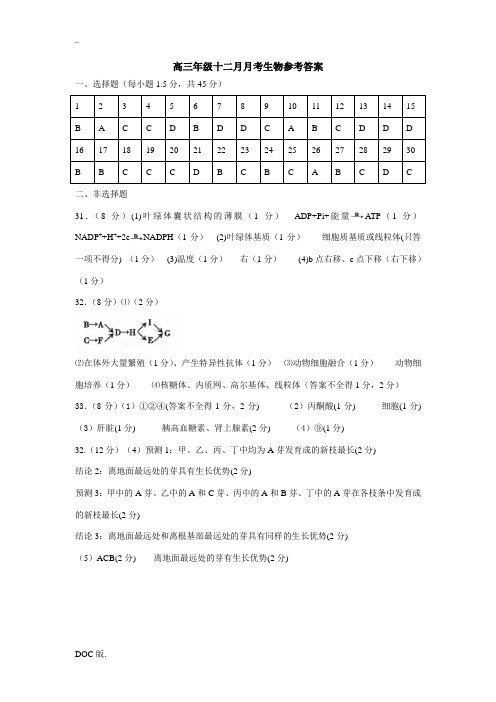 高三年级十二月月考生物参考答案