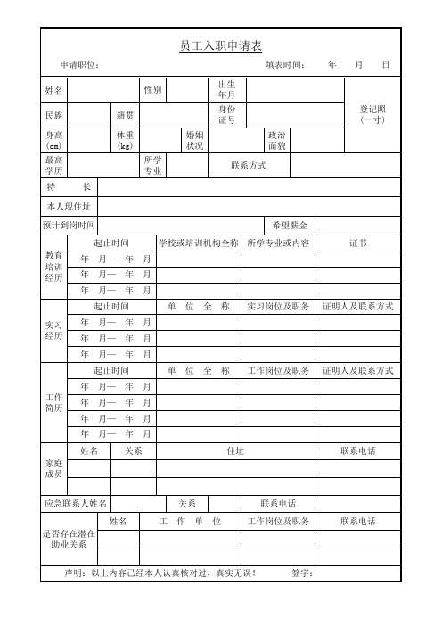 员工入职申请表模版