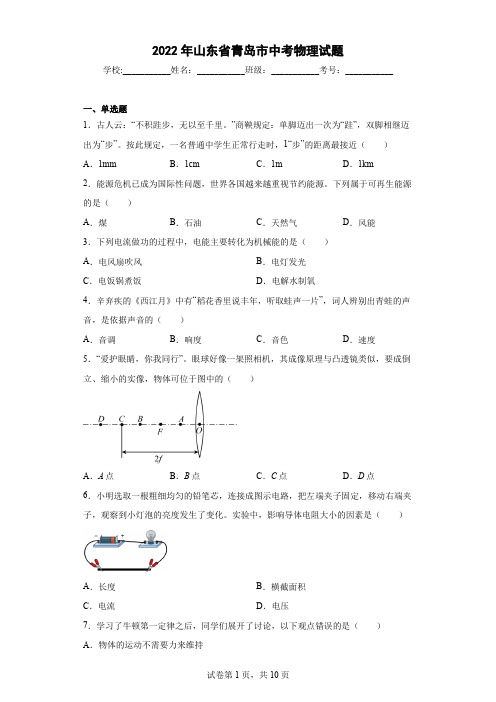 【中考真题】2022年山东省青岛市中考物理试卷(附答案)