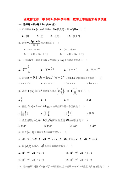 西藏林芝市一中2019_2020学年高一数学上学期期末考试试题