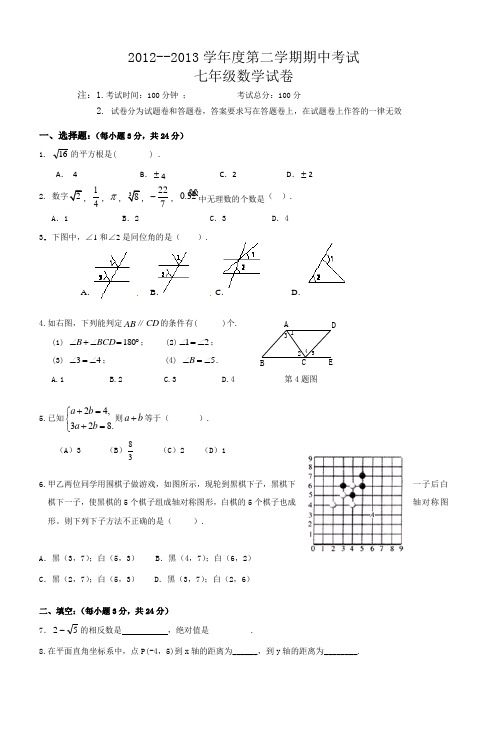 20122013学年度第二学期期中考试