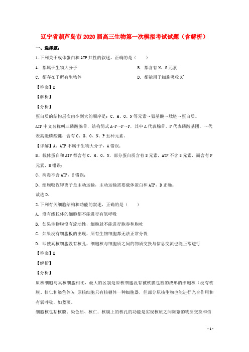 辽宁省葫芦岛市2020届高三生物第一次模拟考试试题含解析