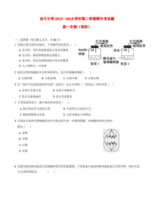 内蒙古杭锦后旗奋斗中学2015-2016学年高一生物下学期期中试题