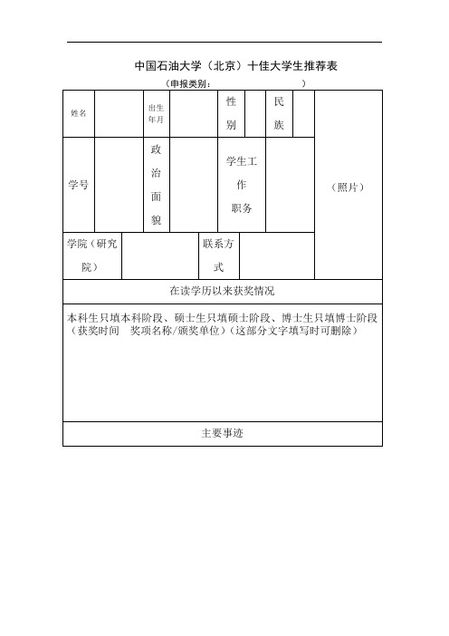 中国石油大学(北京)十佳大学生推荐表