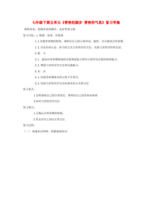 七年级政治下册第五单元《青的脚步 青的气息》复习学案(鲁教版)