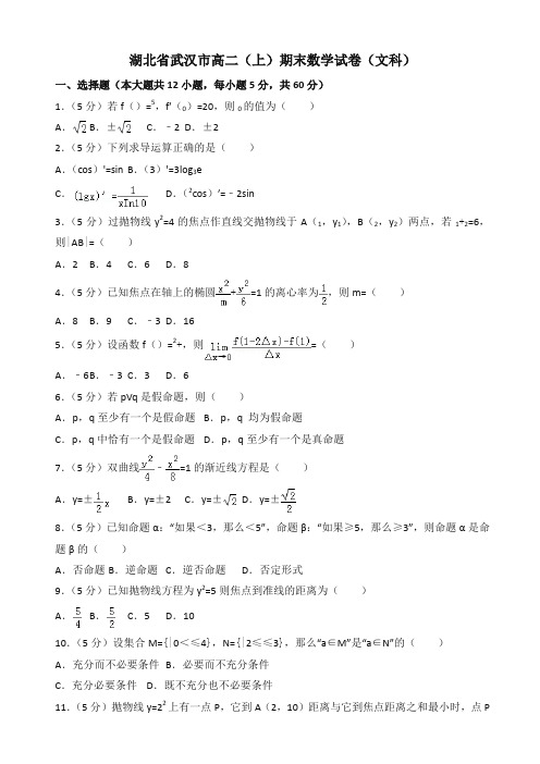 2019-2020年湖北省武汉市高二上册期末数学文科试卷(2)含解析【精品版】