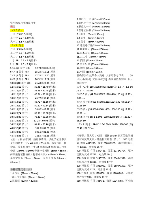 常用照片尺寸相片尺寸