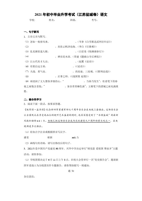 2021年初中毕业升学考试(江苏盐城卷)语文(3)