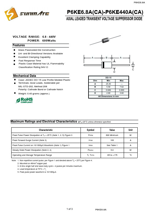 P6KE6.8A,TVS瞬变抑制二极管中文资料