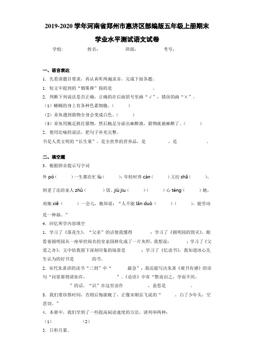 2020~2021学年河南省郑州市惠济区部编版五年级上册期末学业水平测试语文试卷