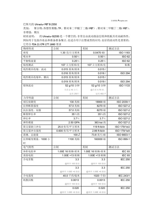 德国巴斯夫PBT B 2550物性表