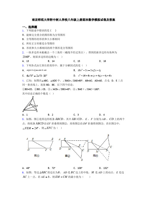 南京师范大学附中树人学校八年级上册期末数学模拟试卷及答案