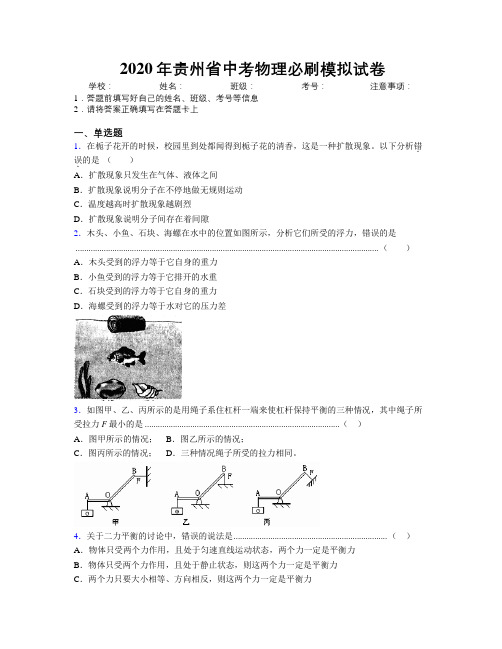 2020年贵州省中考物理必刷模拟试卷附解析