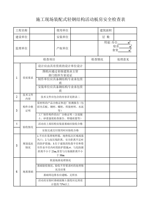 施工现活动板房安全检查表