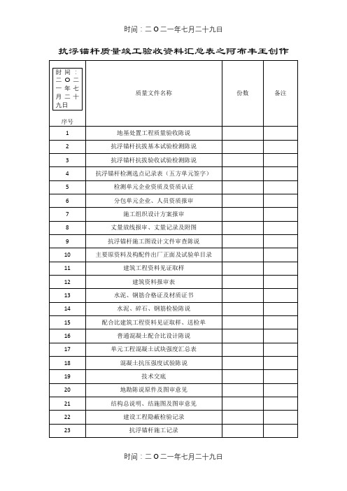 抗浮锚杆验收资料一览表