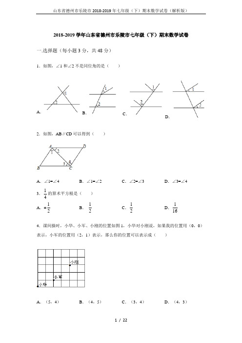 山东省德州市乐陵市2018-2019年七年级(下)期末数学试卷(解析版)