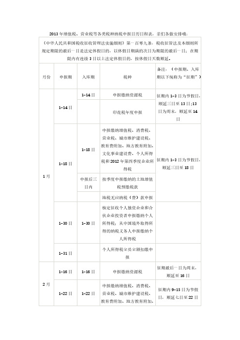 【免费下载】增值税营业税等各类税种纳税申报日历日程表