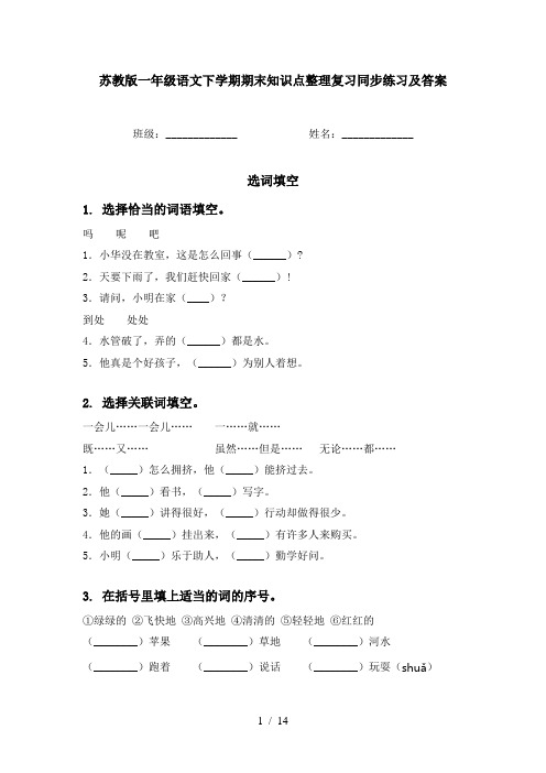 苏教版一年级语文下学期期末知识点整理复习同步练习及答案