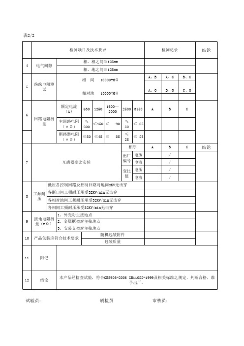 高压开关柜检验报告单