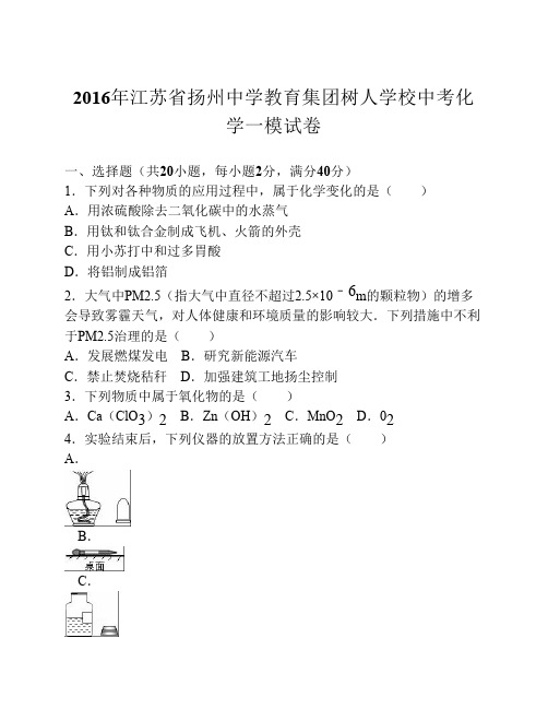 江苏省扬州中学教育集团树人学校2016届中考化学一模试卷(解析版)