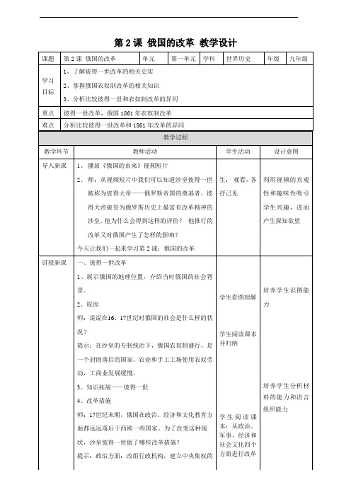 人教部编版九年级历史下册第2课《俄国的改革》精品教案