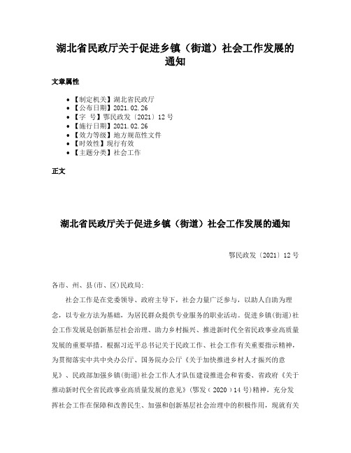 湖北省民政厅关于促进乡镇（街道）社会工作发展的通知