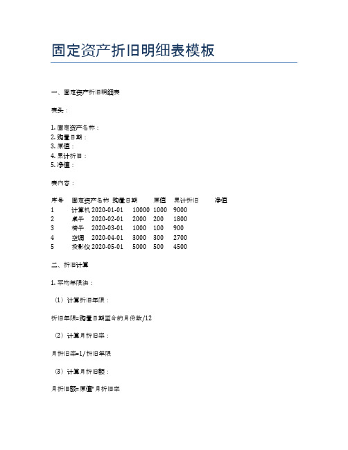 固定资产折旧明细表模板