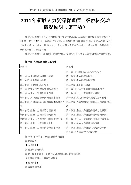 2014年新版人力资源管理师二级教材变动情况说明