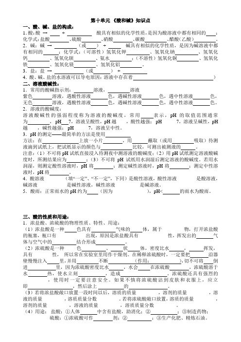 九年级化学第十单元《酸和碱》知识点填空