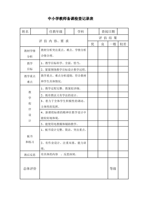 中小学教师备课检查记录表