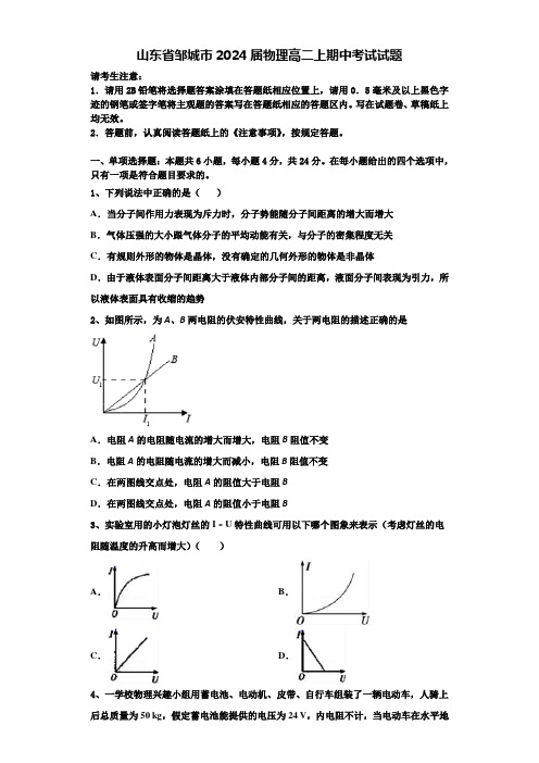 山东省邹城市2024届物理高二上期中考试试题含解析