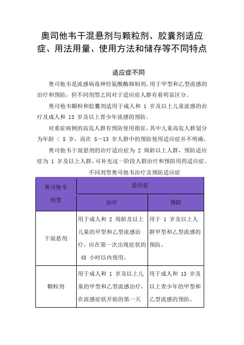 奥司他韦干混悬剂与颗粒剂、胶囊剂适应症、用法用量、使用方法和储存等不同特点