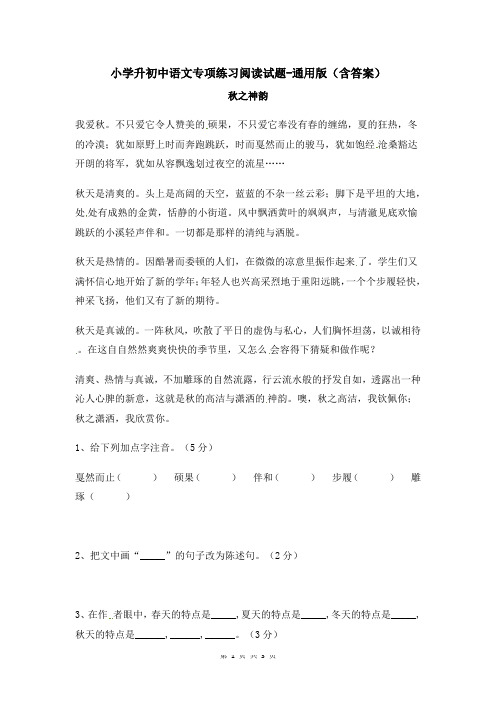 小学升初中语文专项练习阅读试题-通用版(含答案)