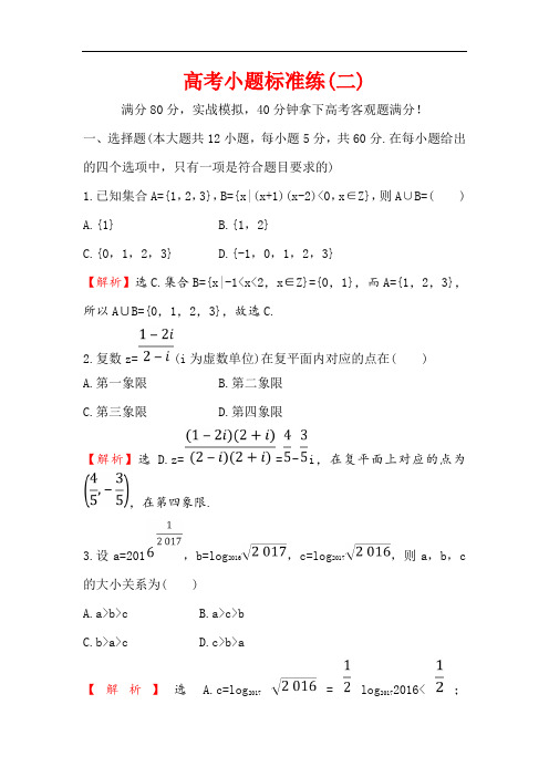 2018届高三数学(理人教版)二轮复习高考小题标准练：(二) Word版含解析