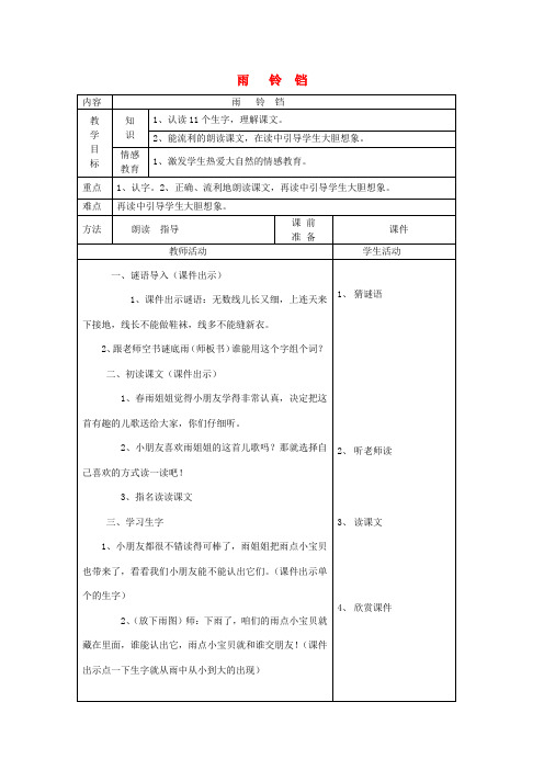 一年级语文下册10雨雨铃铛(第1课时)教案北师大版