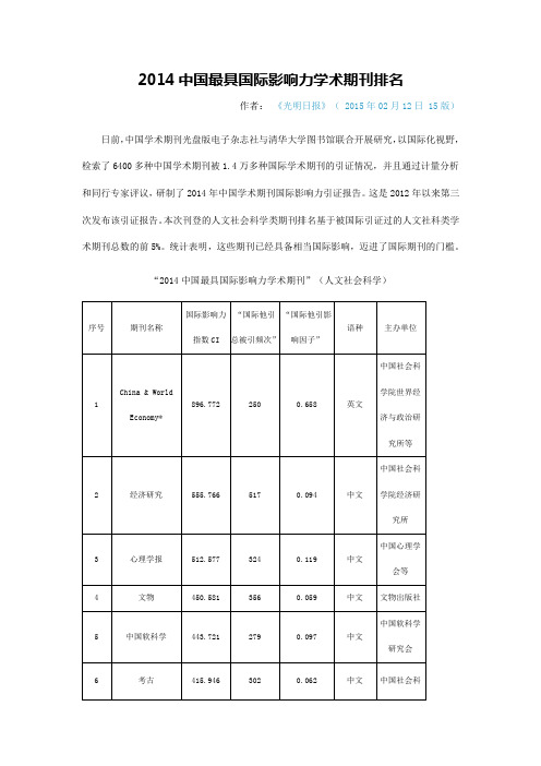 2014中国最具国际影响力学术期刊排名