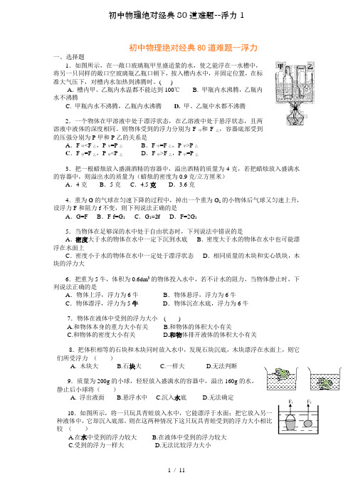 初中物理绝对经典80道难题--浮力1