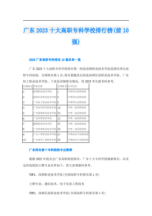 广东2023十大高职专科学校排行榜(前10强)