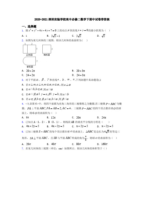 2020-2021深圳实验学校高中必修二数学下期中试卷带答案