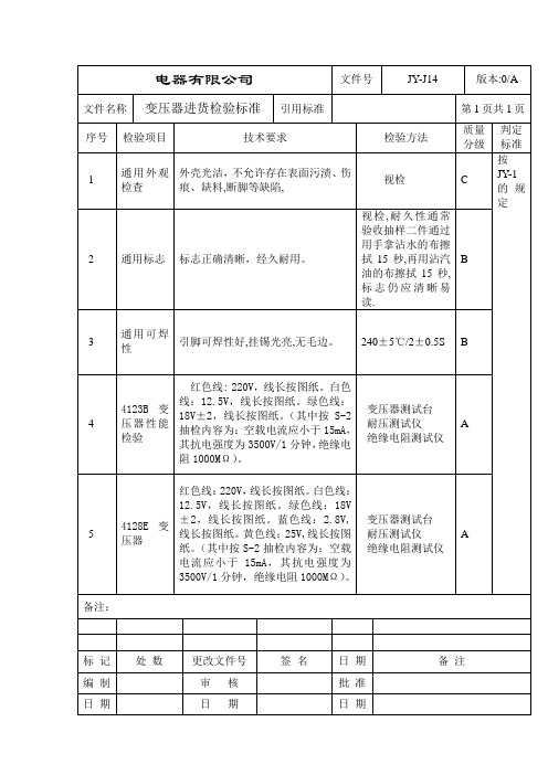 变压器进货检验标准