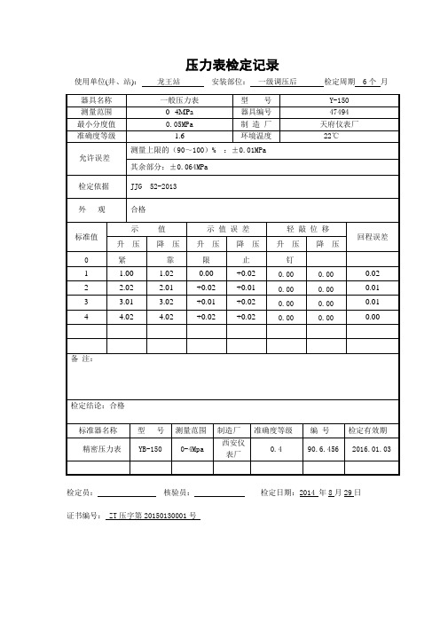 一般压力表检定记录 4MPa