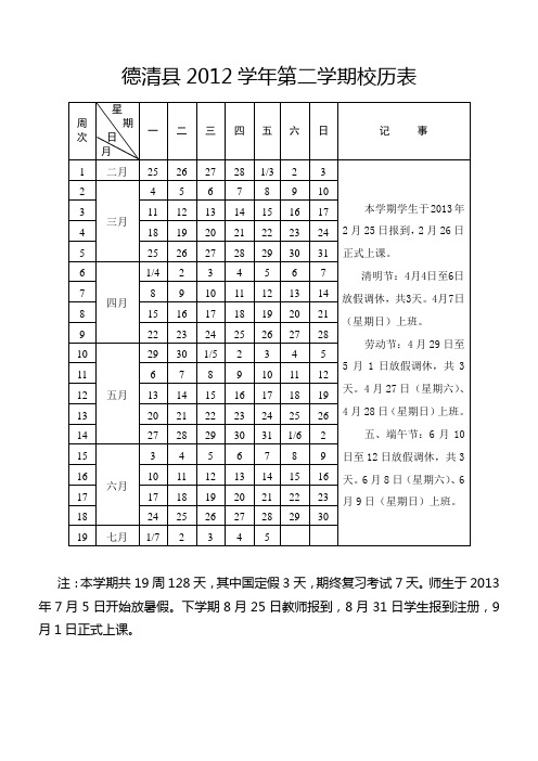 2012学年第二学期校历表、值周安排表