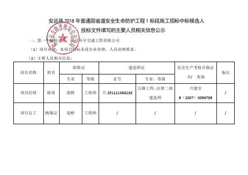 投标文件填写的主要人员相关信息公示