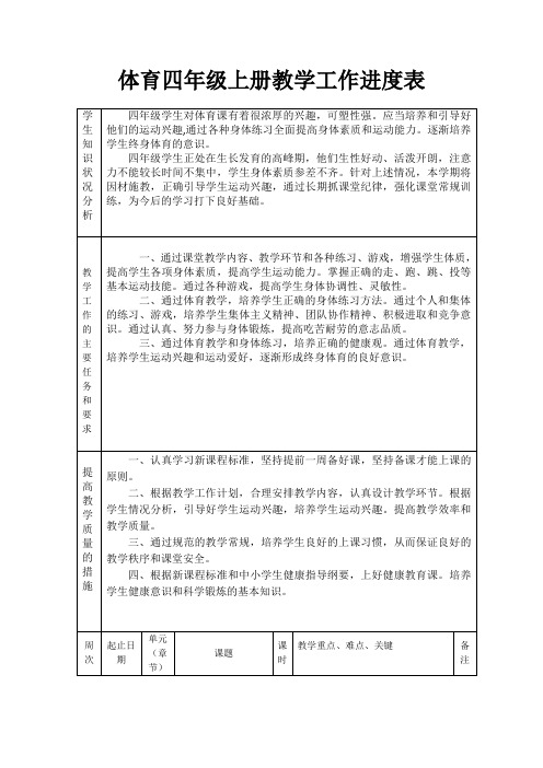 体育四年级上册教学工作进度表