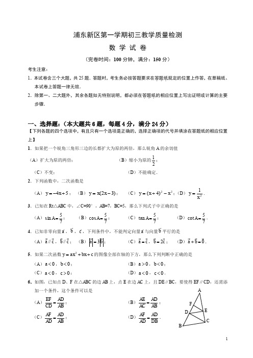 上海浦东新区初三上册期末数学试卷有答案(一模)-(沪科版)-精品.doc