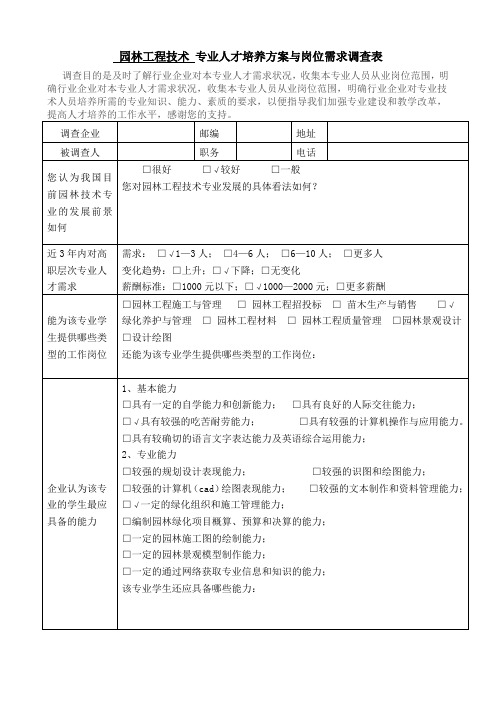 园林工程技术专业人才培养方案与岗位需求调查表