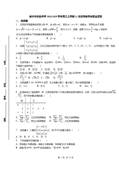 新沂市实验中学2018-2019学年高三上学期11月月考数学试卷含答案