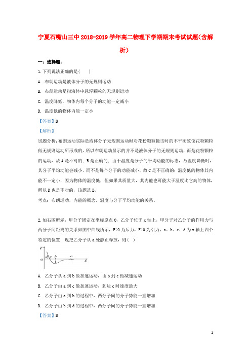 宁夏石嘴山三中2018_2019学年高二物理下学期期末考试试题(含解析)
