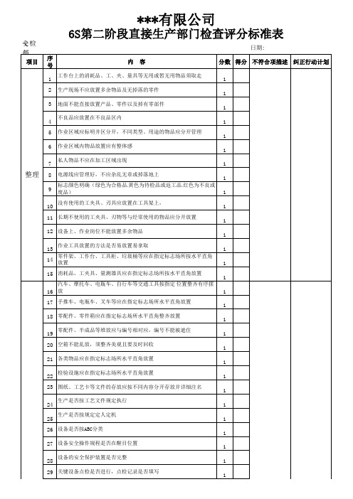 6S第二阶段直接生产部门检查评分标准表