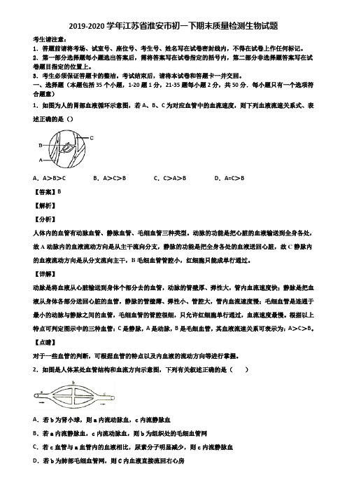 2019-2020学年江苏省淮安市初一下期末质量检测生物试题含解析